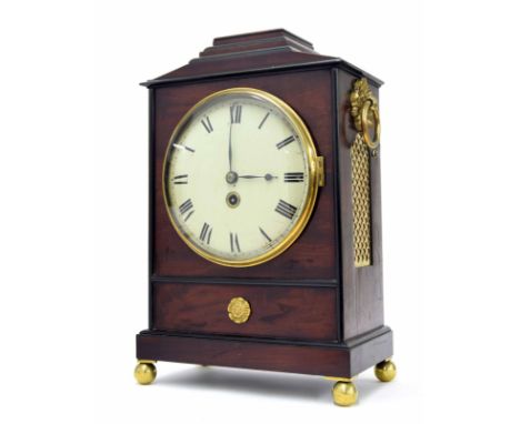 Mahogany single fusee bracket clock, the 8" convex cream dial within a stepped ebony banded case surmounted by a square caddy