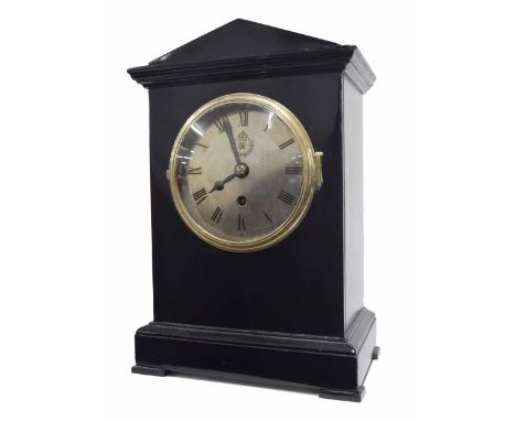R.A.F. ebonised single fusee mantel clock, the 5.25" silvered dial bearing the RAF insignia, the movement back plate stamped 