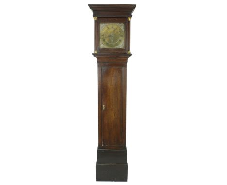 Oak thirty hour longcase clock, the 10" square brass dial signed James Weston, Lewes to the foliate engraved centre enclosed 