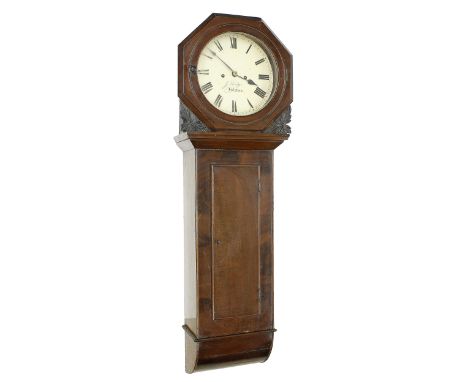 Mahogany two train trunk dial wall clock, the 11" cream dial signed J. Hodge, Golstone, the case with long fiddle mahogany do