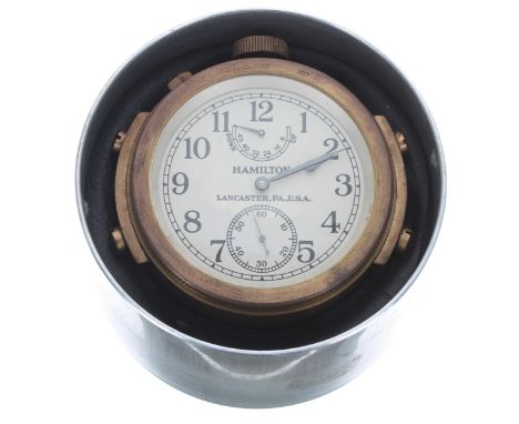 American two day deck chronometer, the 2.5" white dial with subsidiary state of wind and seconds dials, inscribed verso 'MTD 