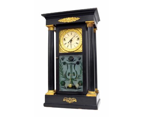 Rare American mantel clock made by the Year Clock Co of New York, model D 2 1847-8, the 4.25" cream dial inscribed Year Clock