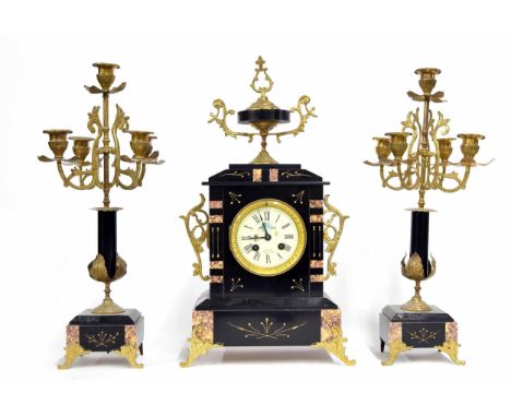 French black slate and rouge veined marble mounted two train mantel clock garniture, the S. Marti movement with outside count