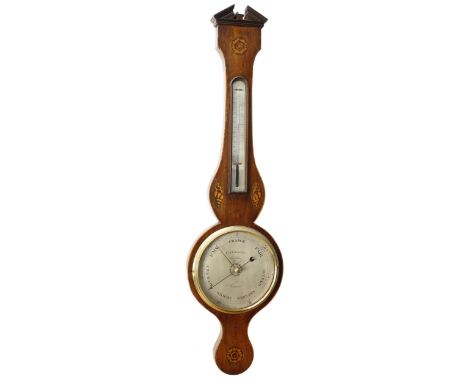 Early mahogany inlaid wheel barometer/thermometer, the 8" silvered dial signed C.A. Grachi, Shaftesbury, within a shaped case