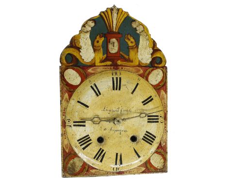 Early black forest two train wall clock, the 9.75" painted arched dial with raised chapter ring signed Laurent Eschle á Arpay