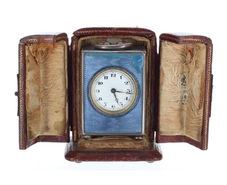 French silver and blue enamel miniature carriage clock timepiece, the base stamped with the maker's trademark logo (JTC withi
