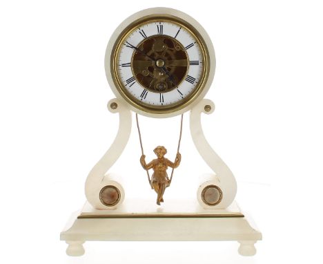 French white onyx mantel clock timepiece, the movement back plate signed Farcot...á Paris, no. 39/41049, over a girl on a swi