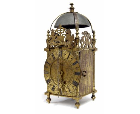 Rare early continental brass verge lantern clock, the 6.25" brass chapter ring enclosing a foliate engraved centre with singl