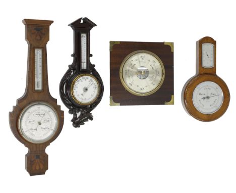 Art Deco walnut and crossbanded banjo/thermometer, the 6" silvered dial signed H &amp; R Marsh, Bath; also three various smal