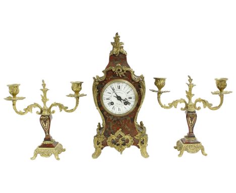 French Boulle two train balloon mantel clock garniture, the 3.5" white dial signed Mouillard, Le Mans, the Mougin movement wi