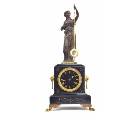 Good French black marble and figural mystery two train mantel clock, the movement stamped with the GLT (Guilmet trademark log