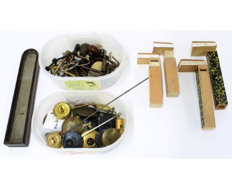 Small quantity of crank handle and other mantel clock winding keys; also a quantity of small pendulums and two pairs of Black