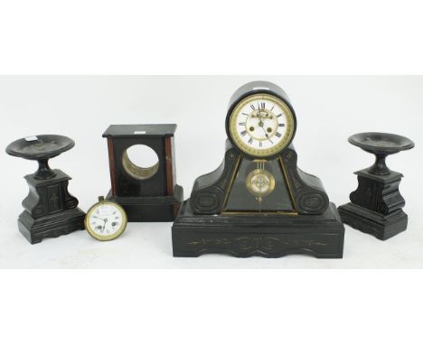 French black slate two train mantel clock garniture striking on a bell, the 4.5" white chapter ring enclosing a recessed visi