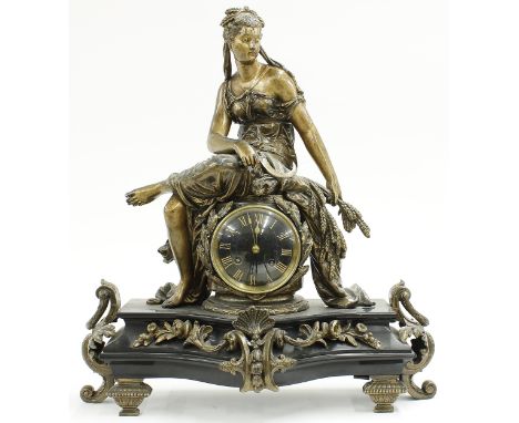 French black slate and gilt metal figural two train mantel clock, the Japy Freres movement striking on a bell, the 3.25" blac