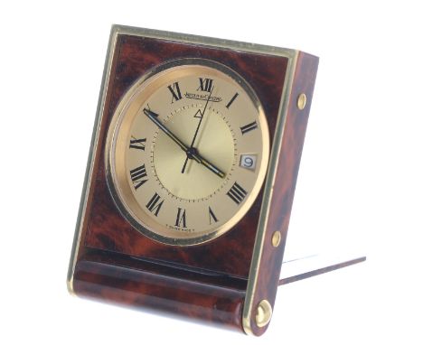 Good Jaeger-Le-Coultre folding miniature travelling alarm clock, within a brass and faux wooden case, 2" high&nbsp; 