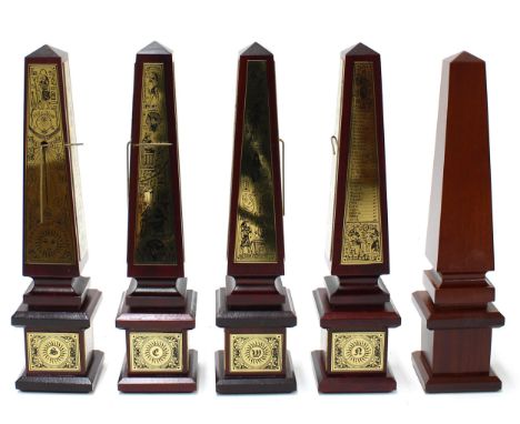 Four contemporary&nbsp;miniature&nbsp;obelisk wooden and brass sundials, 10.5" high; also another obelisk sundial without bra