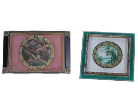 Swiss eight day strut clock, the 1.75" gilt dial enclosing a painted lake land scene, within a square brass and silvered gree