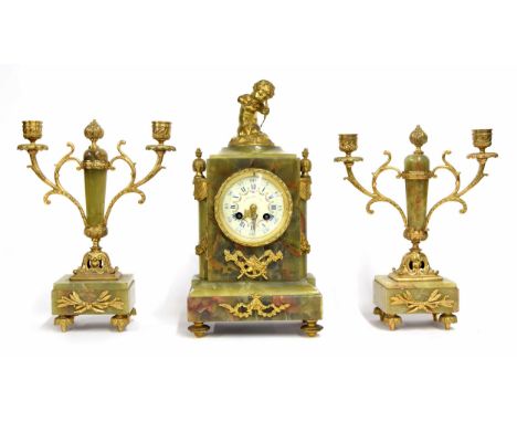 French green onyx and gilt metal mounted two train mantel clock garniture, the Mougin movement with outside countwheel striki