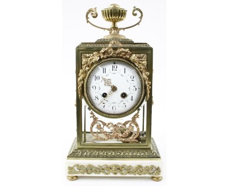 Good French brass and marble four glass two train mantel clock, the Japy Freres movement with outside countwheel striking on 