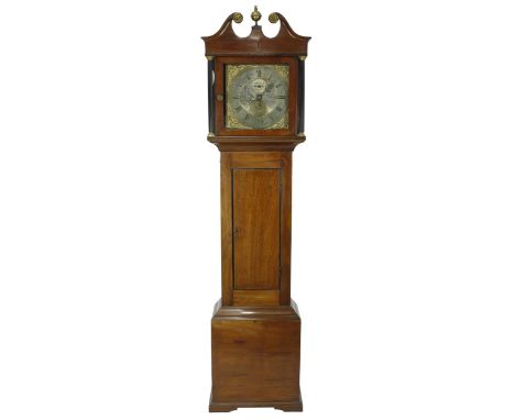 Mahogany thirty hour longcase clock, the 12" square brass dial signed Jos. Quarman, Temple Cloud on the subsidiary seconds di