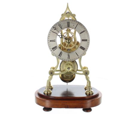Brass single fusee skeleton clock, the 4" silvered chapter ring signed W. Cohen, Portsea at twelve o'clock, the movement upon