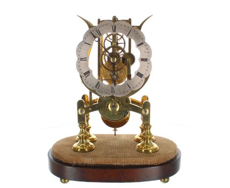 English brass single fusee skeleton clock in the manner of Dent, the 4.75" silvered chapter ring enclosing a skeletonised mov