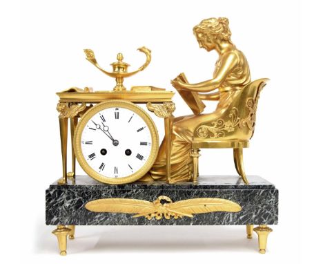 Good French Empire ormolu and green vein marble two train mantel clock, the Japy &amp; Co movement striking on a bell, the 4.