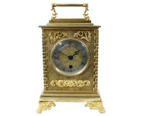 English ormolu carriage style single fusee mantel clock, the top plinth beneath the handle inscribed Josiah Smith, York Stree