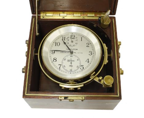 Hamilton type 21 two day Marine Chronometer, the 3.75" silver dial signed Hamilton, Lancaster, PA., U.S.A., N 7004 1941, with