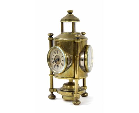 Rare French industrial three dial lighthouse clock with compass and barometer/thermometer, the 2.5" dials inset into the cyli