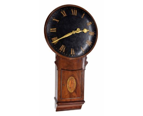 Mahogany single weight tavern clock, the 20" ebonised wooden dial with Roman gilt numerals and gilt metal hands, within a tur