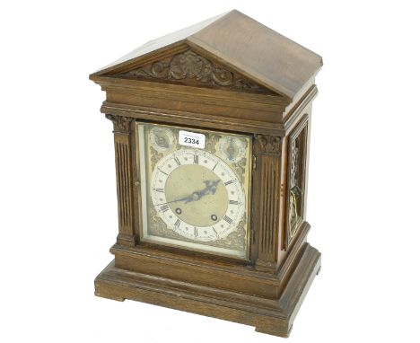 Oak two train ting-tang mantel clock, the W &amp; H movement striking on two gongs, the 5.5" silvered chapter ring signed Gol