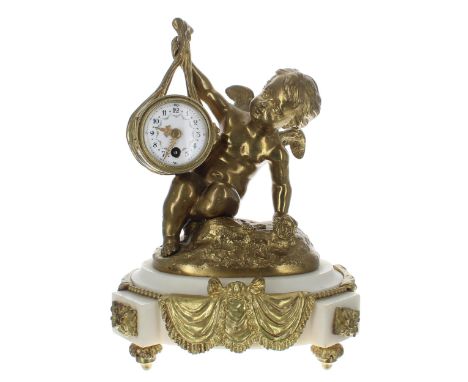 Small French ormolu and white marble figural mantel clock timepiece, the movement with platform escapement housed in a drum c