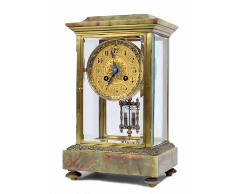Good French green onyx and cloisonne four glass two train mantel clock, the 3.75" gilt dial signed H.L. Brown &amp; Son Ltd b