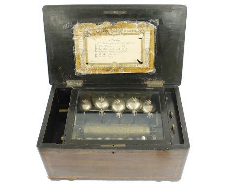 Rosewood music box with five bells, the 8.25" cylinder playing six airs and with original tune sheet, the bed plate stamped n