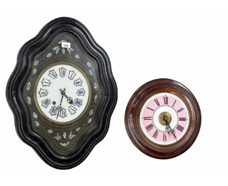 French ebonised vineyard two train wall clock, the 9" white dial with Roman cartouche enamel numerals, within a flat surround