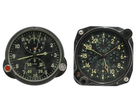 Hamilton Watch Co. 37500 aircraft clock, the 2.75" black dial with four subsidiary dials and centre seconds, within a black c