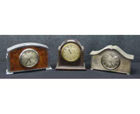Small French oak cased mantel clock timepiece with platform escapement, 6" high; also a walnut and chrome cased mantel clock 
