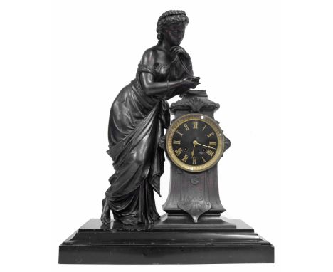 French bronzed and black marble two train figural mantel clock, the Japy Freres movement striking on a bell, the 3.75" black 