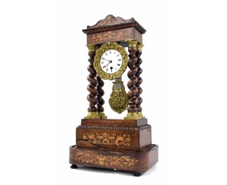 French rosewood and marquetry portico mantel clock timepiece, the 3.25" white dial and movement back plate signed Laine á Par