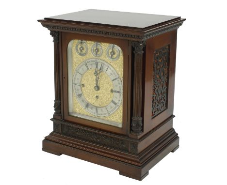 Good English mahogany triple fusee boardroom clock, the 7.25" silvered chapter ring fitted to a finely engraved dial plate de