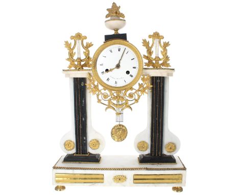 French ormolu and marble pillar two train mantel clock, the 4.25" white enamel dial signed Caillouel Hger...á Paris, within a