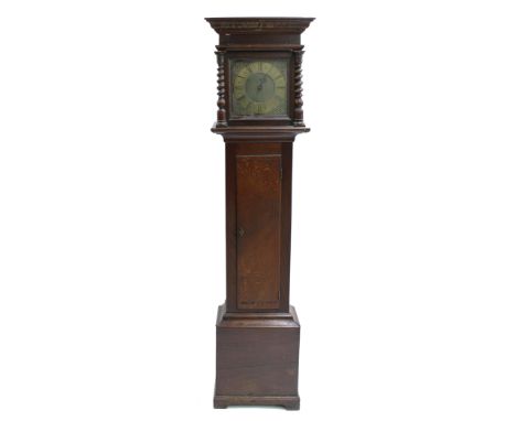 Oak thirty hour longcase clock, the 10" square brass dial with brass chapter ring enclosing a matted centre with single iron 