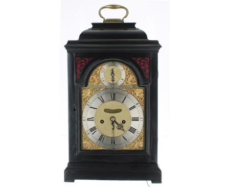 Fine English ebonised double fusee verge bracket clock,&nbsp;the 7" brass arched dial signed John Pepys on a plate above the 