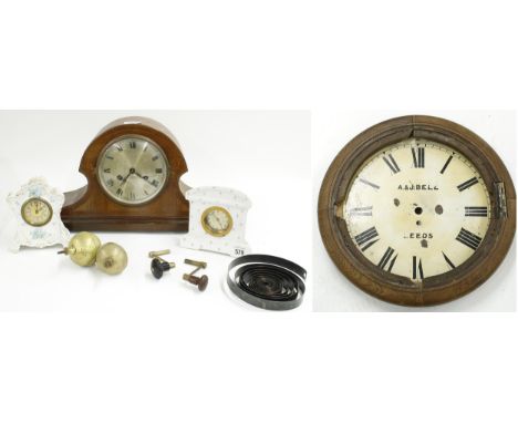 Mahogany Napoleon hat two train mantel clock striking on a gong, two small pottery cased mantel timepieces, 14" wall dial and