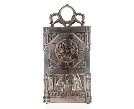 Interesting and unusual silvered gothic carriage clock timepiece, the 2.25" hexagonal chapter ring enclosing a foliate pierce