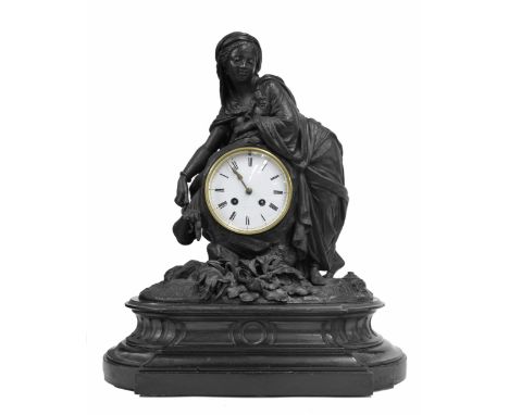 French&nbsp;black slate and blackened metal figural two train mantel clock, the Vincenti movement with outside countwheel and