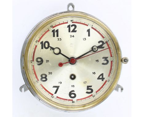Junghans hospital ship's bulkhead clock, the 6.25" silvered dial with red centre seconds sweep hand, within a ring turned ste
