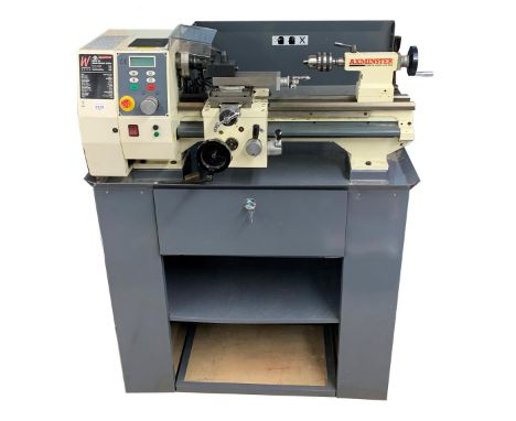 Axminster Sieg C4 metal bench lathe (part no: 600856), upon a bespoke stand fitted with a long drawer over shelves; also with