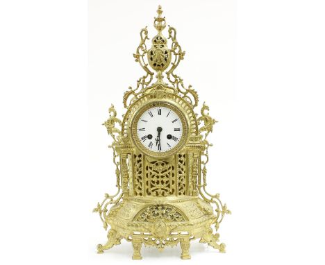 French brass two train mantel clock, the Japy Freres movement with outside countwheel striking on a bell, the 3.5" white dial